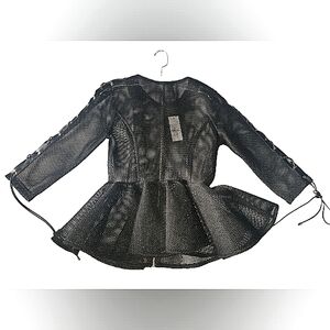 NWT Black, fishnet and faux leather peplum top, size S